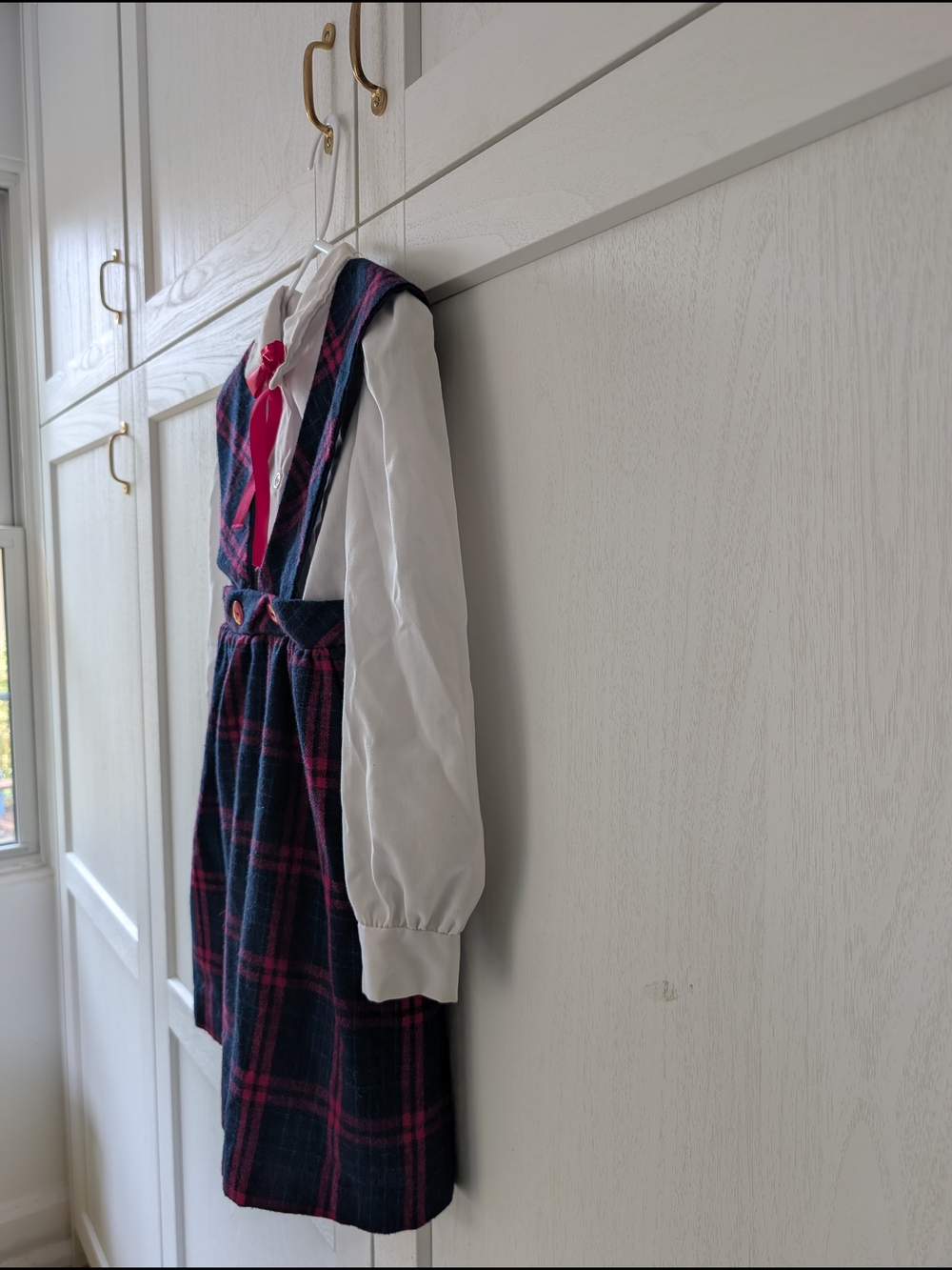 Vintage Sears Navy and Pink Plaid Pinafore with White Blouse